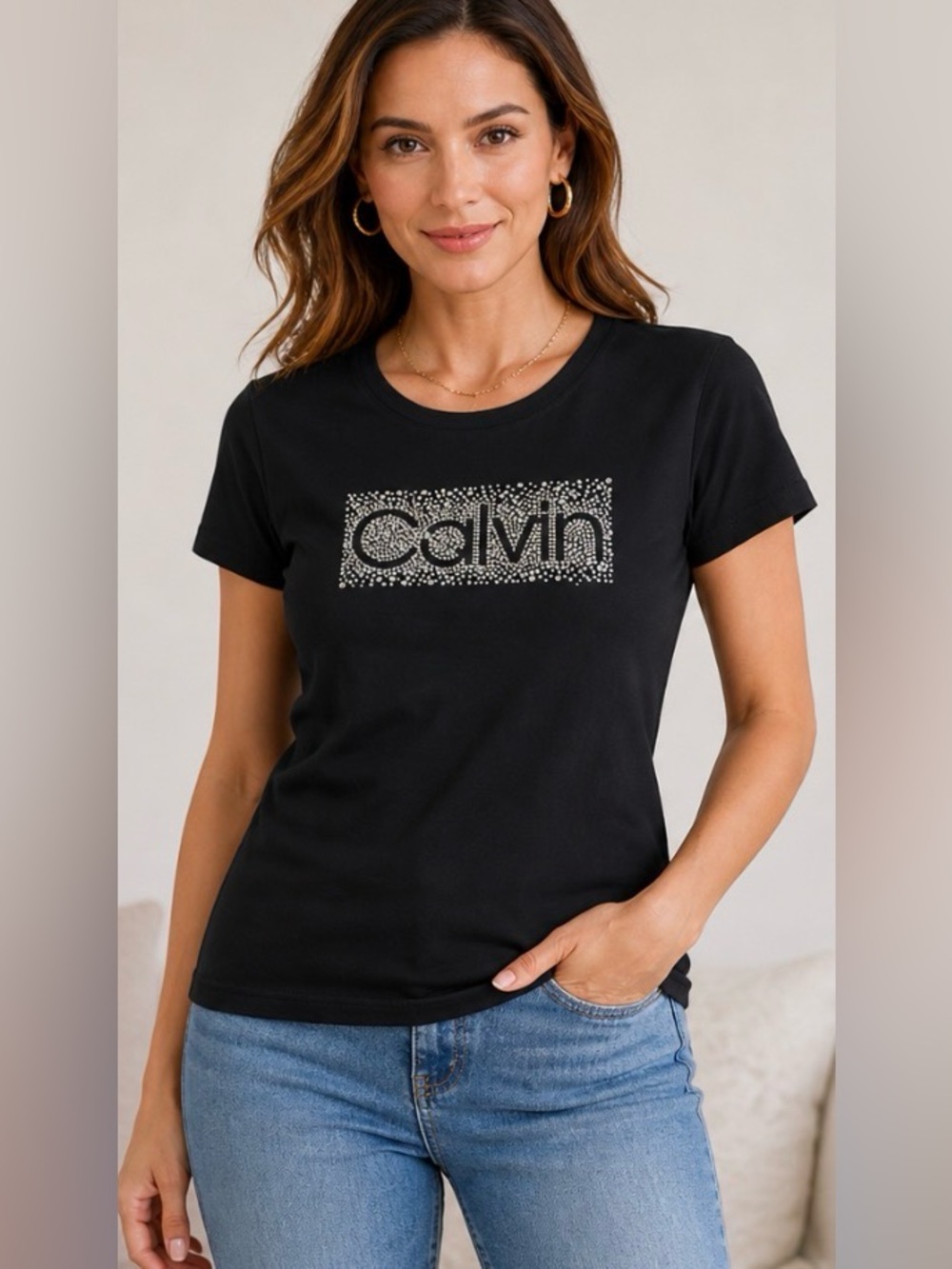 Calvin Klein Black Rhinestone  Tee XL | Embellished Graphic T-Shirt Sparkle Logo